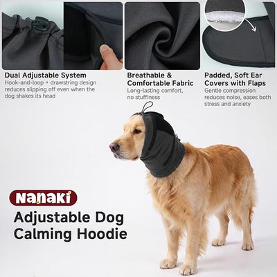 Nanaki Dog Calming Hoodie & Ear Cover,Large July 4th Head Wrap with Ear Pads - No-Shake Hematoma Protection,Noise Cancelling for Fireworks,Grooming,Blow Dryer & Bath,Ear Warmers