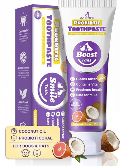 Natural Coconut Oil Dog & Cat Toothpaste, Safe to Swallow, 3.52oz | Gentle Cleaning, Non-foaming Daily Care with Hydrated Silica, Probiotics, Vitamin B, Daily Comfort.