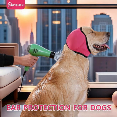 Dog Ear Covers,Dog Ear Muffs Noise Protection,No Flap Ear Wrap for Dogs Hematoma Recovery,Adjustable Calming Hoodie Shower Cap for Grooming,Bathing,Swimming & Anxiety Relief(Fuchsia,L)