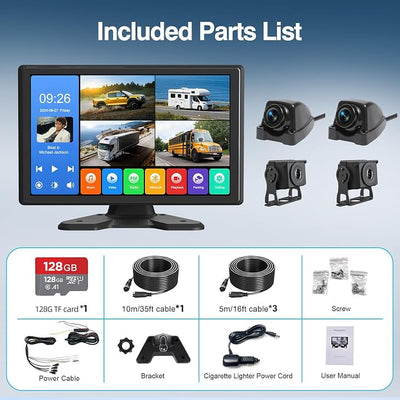 4 Channel Backup Camera System,Touchable 10.1 inch Monitor with DVR Loop Recording, IP69 Waterproof, Nightvision 1080P Camera for RV/Truck/Trailer Pickup, Wired (Cigarette Charger &128G)