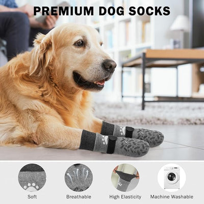 SCENEREAL Dog Socks to Prevent Licking Paws for Hot/Cold Pavement, Anti Slip High Top Dog Grip Socks for Hardwood Floors, Dog Shoes Booties&Paw Protector for Small Medium Large Senior Dog, Grey L