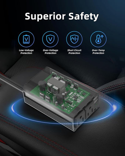 300W Power Inverter DC 12V to 110V Car Charger Converter with Dual USB Ports and 2 AC Outlets for Air Compressor Laptops, Road Trip Accessories (Black)