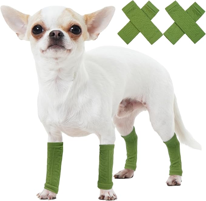ROZKITCH Dog Leg Wrap, 2PCS Front Leg and 2PCS Back Leg Knee, Dog Elbow Wrap, Dog Leg Warmer Wrap Protector, Pet Elastic Knitted Breathable Protective Socks for Chihuahua, Yorkshire Terrier Green S