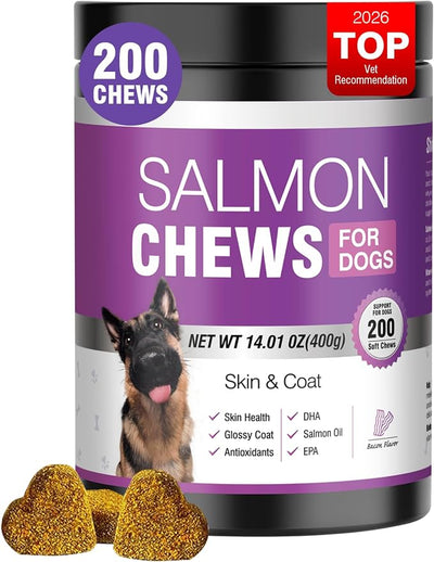 Omega 3 Skin and Coat Supplement for Dogs 200 Chews Dog Fish Oil Supplements with EPA & DHA Fatty Acids Dry Skin Relief for Dogs Shedding Allergy Itching Promotes Heart Hip Joint Health Bacon Flavor