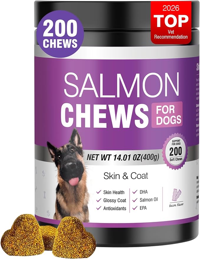 Omega 3 Skin and Coat Supplement for Dogs 200 Chews Dog Fish Oil Supplements with EPA & DHA Fatty Acids Dry Skin Relief for Dogs Shedding Allergy Itching Promotes Heart Hip Joint Health Bacon Flavor