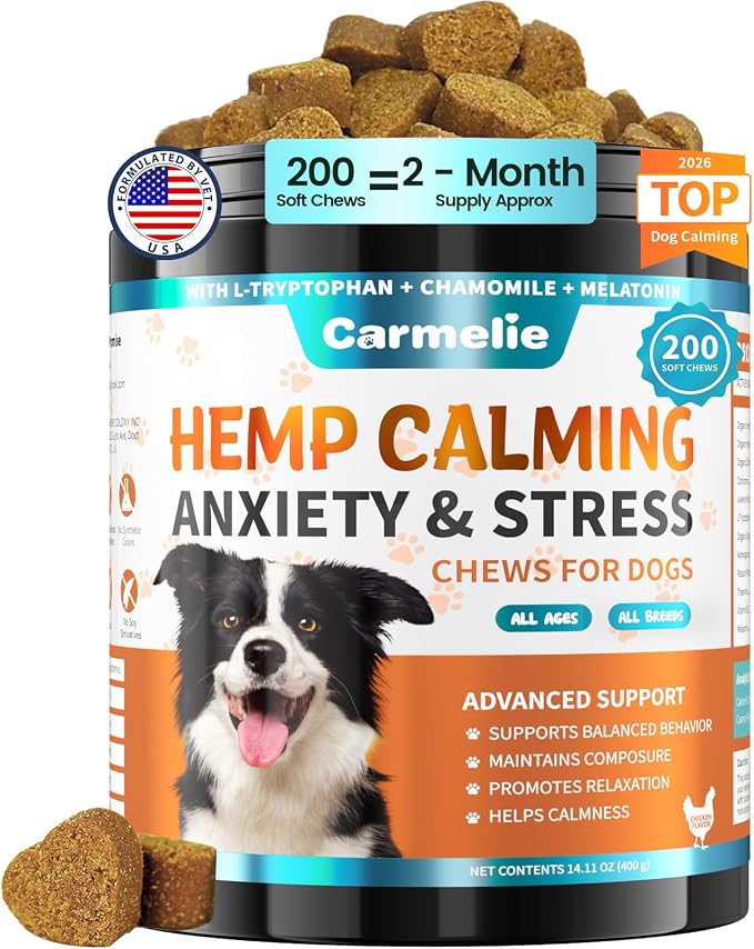 Hemp Calming Chews for Dogs, Advanced Dog Calming Treats for Dogs Anxiety Relief with Melatonin Chamomile Valerian Root- Loud Noise, Fireworks, Thunder, Stress & Sleep- 200 Chews- Chicken Flavor