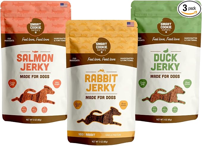 Smart Cookie Jerky Dog Treats - 3 Flavor Variety Pack - Rabbit, Salmon & Duck Jerky - Training Treats for Dogs, Puppies with Allergies, Sensitive Stomachs - Grain Free, Made in USA - 3oz