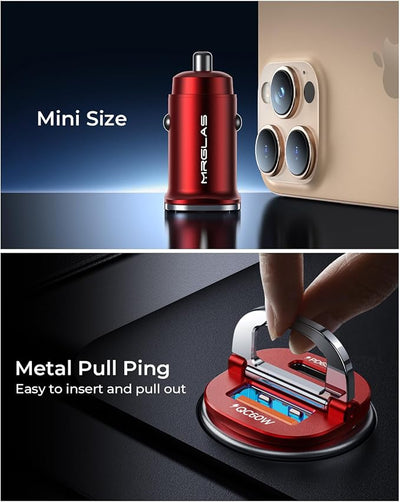 【Upgraded】 125W USB C Car Charger Super Fast Charging for iPhone 16, [PD65W & QC60W][All Metal] MRGLAS Cigarette Lighter Car Charger,Dual Port for iPhone 16 15 Pro iPad Samsung S25 S24 MacBook-Red