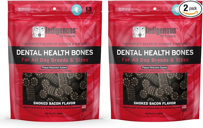 Indigenous Pet Dental Health Bones - Smoked Bacon, 2-Pack (17 oz Each) | Grain-Free Dog Dental Chews with Prebiotics & Omegas | Cleans Teeth, Freshens Breath & Supports Digestion