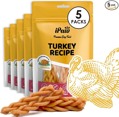 iPaw 5 Stock-Up Combo Turkey Dog Treats, SQF Certified Human Grade Dog Treat, Suitable for Training Chew, Hypoallergenic, Rawhide Alternative, Braided Stick (Oringinal Flavor), 5 Packs