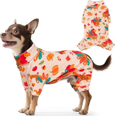 KYEESE Thanksgiving Dog Pajamas, Turtleneck Dog Pajamas for Small Dogs Boy Girl, Soft Velvet Warm Pet Onesie with Turkey Pattern, Stretchable 4 Legs Doggie Jammies, Cozy Cute Pet Pjs, Small