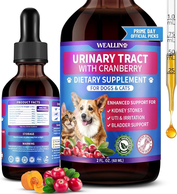 WEALLIN Cat & Dog Natural Urinary Tract Infection Treatment with Cranberry, Kidney, and Bladder Support Supplement, Support for Urinary Comfort & Bladder Flow – Pet Renal Care Support Drops