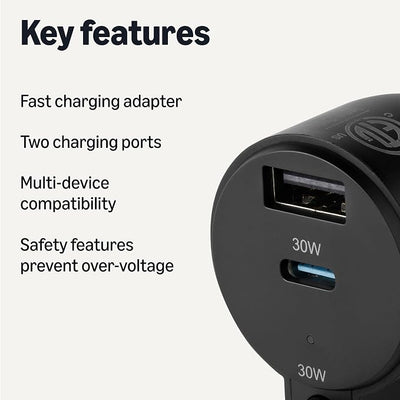 Amazon Basics Fast-Charging Car Charger, 60W, 1 USB-C Port (30W), 1 USB-A Port, 1 Built-in Coiled USB-C Cable (30W), Black
