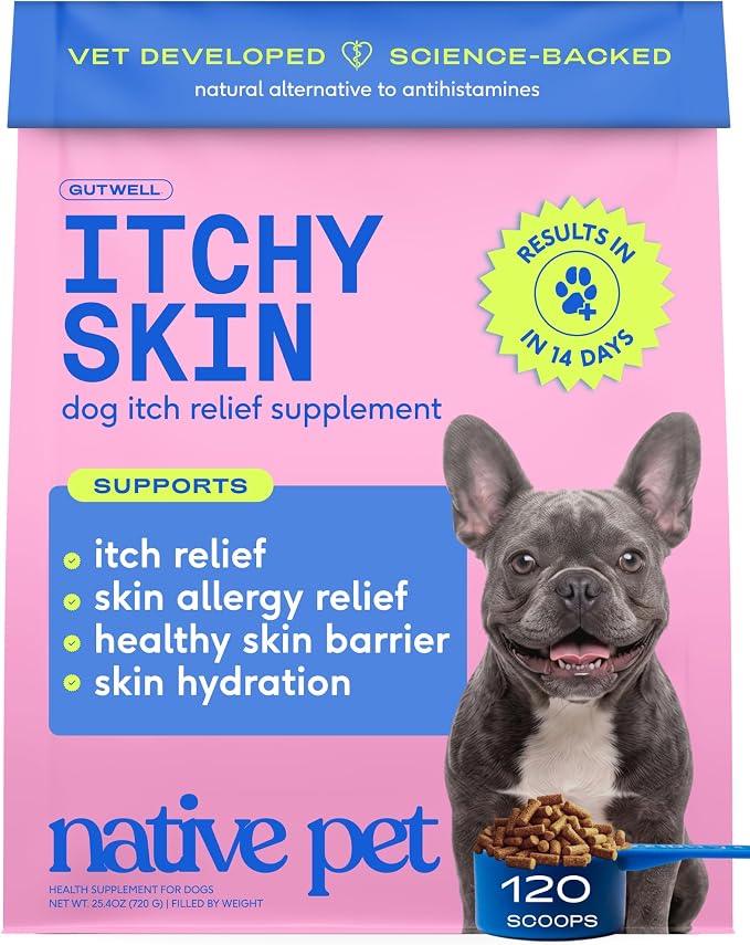 Native Pet Dog Itching Skin Relief Supplement - Allergy Support Powder Triple-biotic with Zinc and Vitamin E - Seasonal Itch Relief for Dogs - 120 Scoops