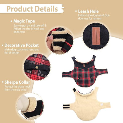 Winter Coat for Small Dogs, Puppy Plaid Jacket, Cotton Coat for Cold Weather, Windproof Warm Dog Garments, Pet Thickened Outfits Indoor Outdoor, Red XS