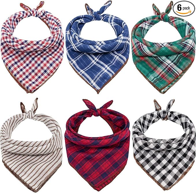 Remifa Dog Bandanas - 6PCS Birthday Gift Washable Green Black Blue Red Square Plaid Printing Christmas Dog Bib Double Reversible Kerchief Scarf Adjustable Accessories for Small to Large Dog Puppy Cat