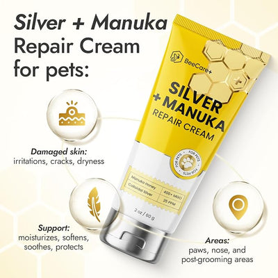Silver + Manuka Repair Cream for Cat & Dog Wound Care – Helps with Skin Irritation, Scratches, Bites – Hot Spot Treatment for Dogs with Manuka Honey 400+ MGO & Colloidal Silver 25 PPM – 2-Pack