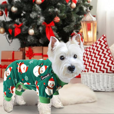 XPUDAC 4 Pieces Dog Christmas Pajamas Santa Pet Clothes Cute Snowman Dog Pajamas for Small Dogs Red Green X-Small