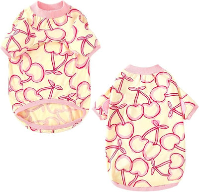Dog Cherry T Shirts Pink Long Sleeve White Shirt Pajamas Pets Soft Cotton Apparel Clothes for Medium Dogs,M Cherry