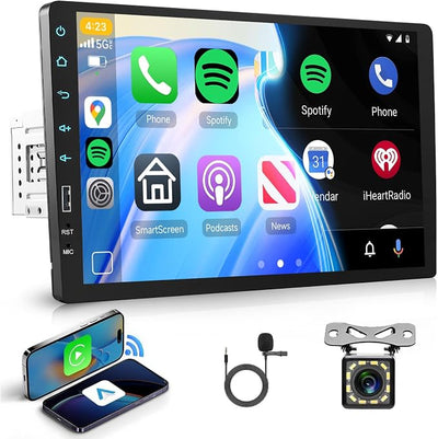 Single Din Car Stereo with Wireless Carplay & Android Auto-9 Inch IPS Touch Screen Radio with Bluetooth GPS, Mirror Link, FM Radio,SWC/USB/DSP+ Backup Camera
