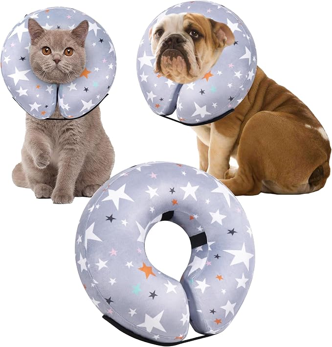 Recovery Donut Collar for Dogs & Cat,Inflatable Dog Cone Collar Alternative After Surgery,Soft Cone for Large Medium Small Dog,Adjustable Pet Neck Donut(Grey Star,Medium