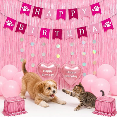 Pet Birthday Decorations Set for Girl Dog & Cat, Birthday Party Supplies with Pink Fringe Backdrop, Happy Birthday Banner & Heart Balloons, Cute Photo Props for Pet Milestone