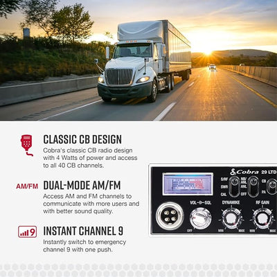 Cobra 29 LTD Chrome AM/FM Professional CB Radio - Easy to Operate, Emergency Radio, Instant Channel 9, 4-Watt Output, Full 40 Channels, Adjustable Receiver and SWR Calibration, Chrome