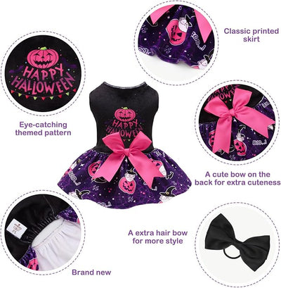 CuteBone Halloween Dog Dresses Velvet Holiday Small Dogs Clothes Onesie Pet Apparel Girl Puppy Skirt with Bow Hair Rope CVA60L-D