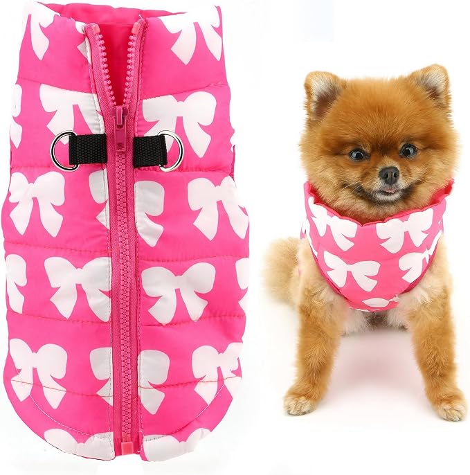 SMALLLEE_LUCKY_STORE Pet Water Resistant Winter Jacket Vest with D-Ring for Small Dog Cat Zip-up Padded Puppy Coat Chihuahua Yorkie Kitten Warm Clothes, Hot-Pink, M