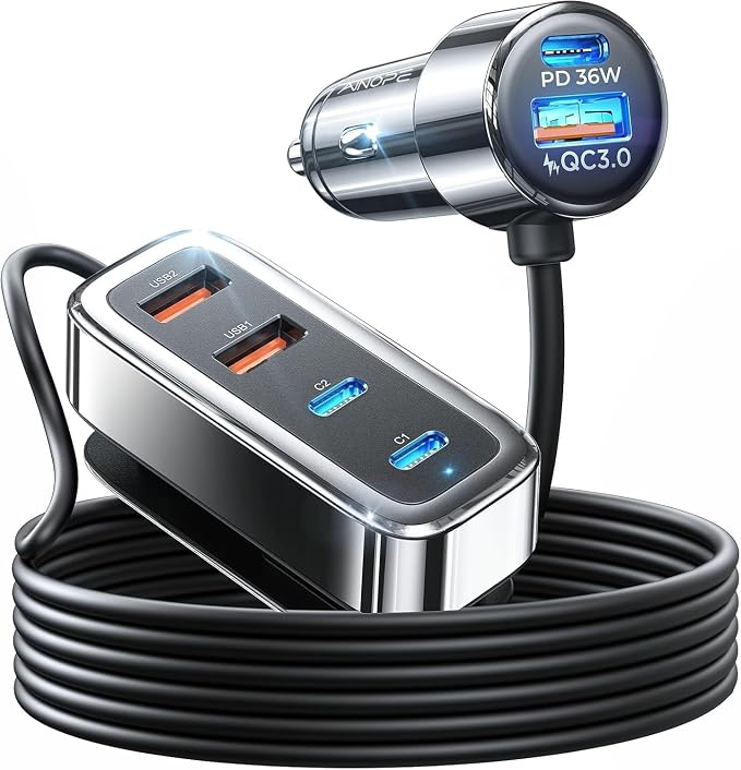 AINOPE 108W Multiple Ports Car Charger, Cigarette Lighter USB Charger, PD&QC Car Charger Adapter Fast Charging for iPhone 17 [+5FT Cable], 12V Road Trip Essentials for Kids, Car Accesories