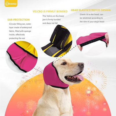 Dog Ear Covers,Dog Ear Muffs Noise Protection,No Flap Ear Wrap for Dogs Hematoma Recovery,Adjustable Calming Hoodie Shower Cap for Grooming,Bathing,Swimming & Anxiety Relief(Fuchsia&Yellow,M)