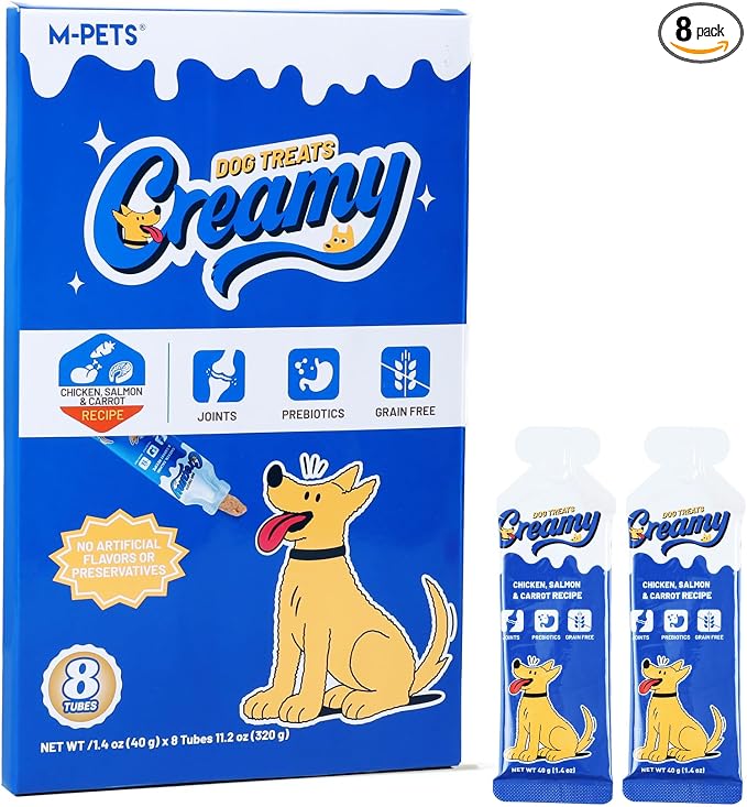 M-PETS Creamy Lickable Dog Treats, Salmon Flavor, 8 Tubes Squeeze Up Soft Dog Snacks for Puppies & Seniors, Reward Training or Food Topper,Low-Calorie Grain Free Puree for Joint & Digestive Health