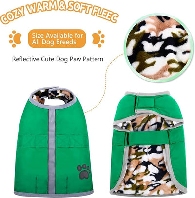 Queenmore Dog Winter Coat, Cold Weather Fleece Jacket for Dogs, Waterproof Reflective Reversible, for Small, Medium and Large Dogs (Green, XL)