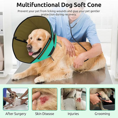 Queenmore Dog Cone, Soft Dog Cones for Large Dogs, Dogs Cone Collar After Surgery for Neutering, Breathable Pet Cone, Adjustable E-Collar Alternative to Stop Licking, Green XL