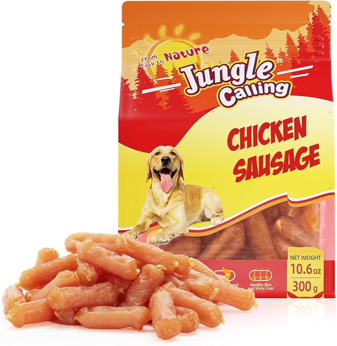 Jungle Calling Soft Chicken Sausage Dog Treats, Slow Roasted Tender Chicken Jerky for Small & Medium Dogs, Grain-Free High Protein Dog Training Treats, Easy to Chew, 10.6 oz
