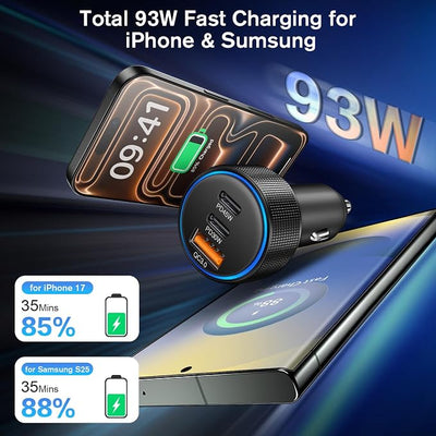 USB C Car Charger 5Pack, 3-Port 93W Dual PD USB-C & USB-A Fast Charging Cigarette Lighter USB Charger for Samsung S25 S24, Car Phone Adapter Accessories for iPhone 17/Air/16/15 Pro Max, Pixel