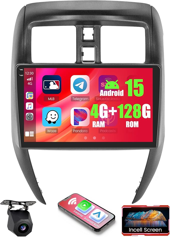 4+128GB Android 15 Car Radio for Nissan Versa Sedan 2015-2019 Wireless Carplay Android Auto, 10.1" 1280 * 720P in-Cell Touch Screen Car Stereo WiFi Bluetooth GPS FM/RDS EQ Backup Camera MIC