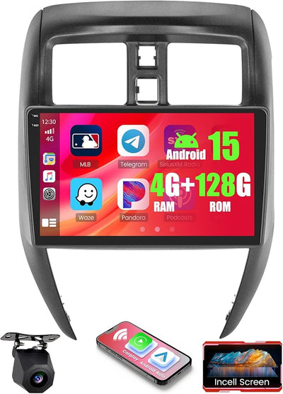 4+128GB Android 15 Car Radio for Nissan Versa Sedan 2015-2019 Wireless Carplay Android Auto, 10.1" 1280 * 720P in-Cell Touch Screen Car Stereo WiFi Bluetooth GPS FM/RDS EQ Backup Camera MIC