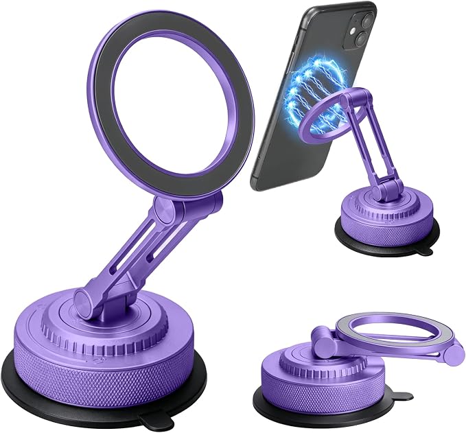 All-Metal Alloy Magnetic Suction Cup Car Phone Mount Holder Dash (Purple) | Strong Powerful Magnetic Heavy-Duty Suction Cup Windshield Dashboard Cell Mobile Phone Mount, Vehicle Bracket Holder for Car