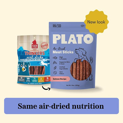 Plato Meat Sticks Salmon Dog Treats, Air-Dried High-Protein Soft Chews with Omega Fish Oil (EPA & DHA), 10 oz