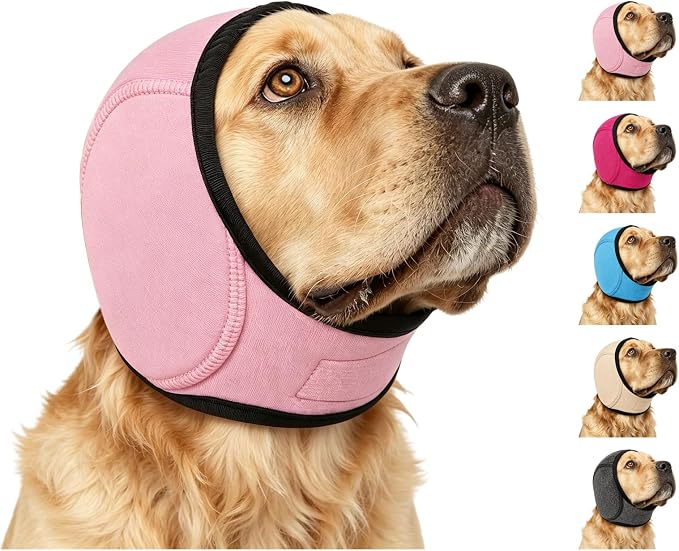 Zenpup Noise Cancelling Ear Wrap, Dog No Shake Ear Muffs Noise Protection Firework Thunder Vacuum, Comfortable Quiet Dogs Calming Hoodie, Adjustable for Grooming Bathing & Swimming (Pink, Large)
