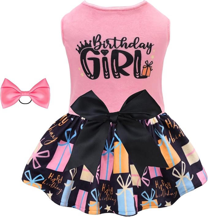 CuteBone Birthday Dog Dresses Velvet Holiday Small Dogs Clothes Onesie Pet Apparel Girl Puppy Skirt with Bow Hair Rope