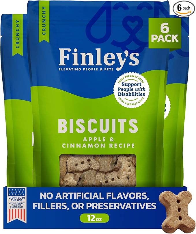 Finley's Crunchy Dog Biscuits, Apple and Cinnamon, Plant-Based Healthy Treats, Oven Baked Dog Cookies, 12oz, 6 Pack