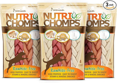 NutriChomps Dog Chews- 6-inch Braids,Easy to Digest, Rawhide-Free Dog Treats, Healthy, 4 Count, Real Chicken, Peanut Butter and Milk Flavors, Bundle of 3