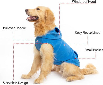 EXPAWLORER Dog Hoodie Fleece Sweater Vest, Hooded Dog Sweatshirt Fall Winter Pet Clothes with Leash Hole, Sleeveless Warm Cozy Puppy Clothing for Cat Small Medium Large Dogs Girl Boy, Blue XL