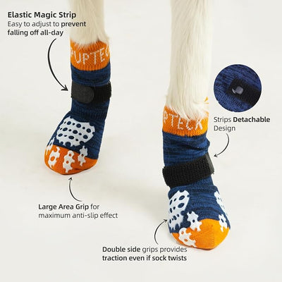 PUPTECK Anti-Slip Dog Socks with Double Sides Grips for Small Medium Large Dogs Hardwood Floors Prevents Licking, Dog Shoes for Hot Pavement Traction Control for Senior Dogs, Dark Blue, M
