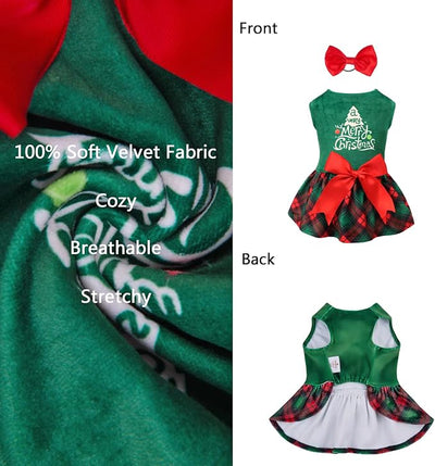 CuteBone Christmas Tree Dog Dress Velvet for Small Dogs Girl Puppy Dresses Green Plaid Dog Clothes