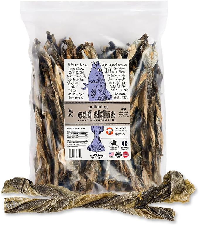 Polkadog Cod Skins for Dogs (2lb Regular) - Single Ingredient, Wild-Caught Fish Skin Natural Dog Treat Chews. High in Lean Protein & Omega 3. Hypoallergenic, Grain Free. Handcrafted & Made in USA