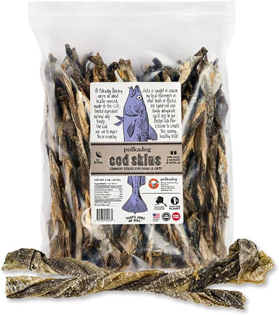 Polkadog Cod Skins for Dogs (2lb Regular) - Single Ingredient, Wild-Caught Fish Skin Natural Dog Treat Chews. High in Lean Protein & Omega 3. Hypoallergenic, Grain Free. Handcrafted & Made in USA