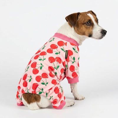 Fitwarm Cute Cherry Dog Pajamas, Warm Dog Onesie with Feet, Dog Clothes for Small Dogs Girl, Fleece Pet Outfit, Pink, Red, Large